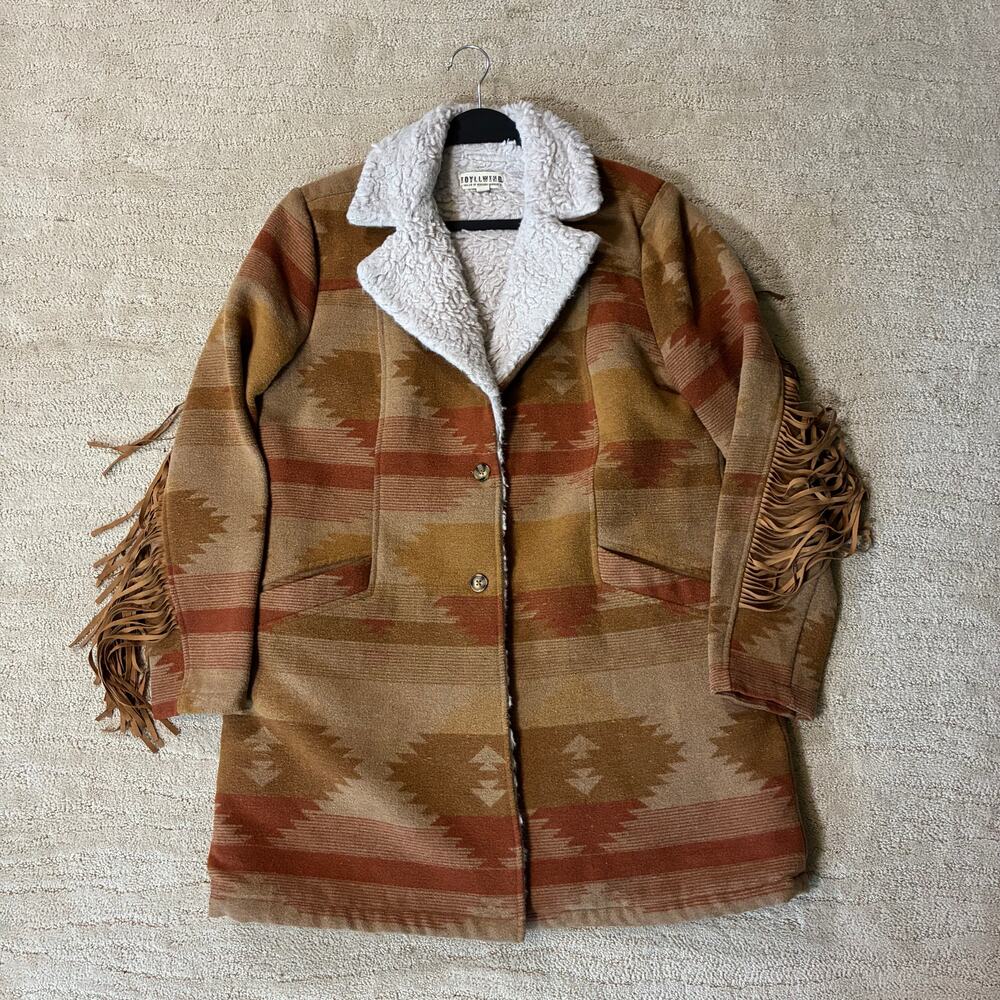 Idyllwind Womens L Aztec Western Long Coat Faux Fur Lined Wool Blend Outerwear